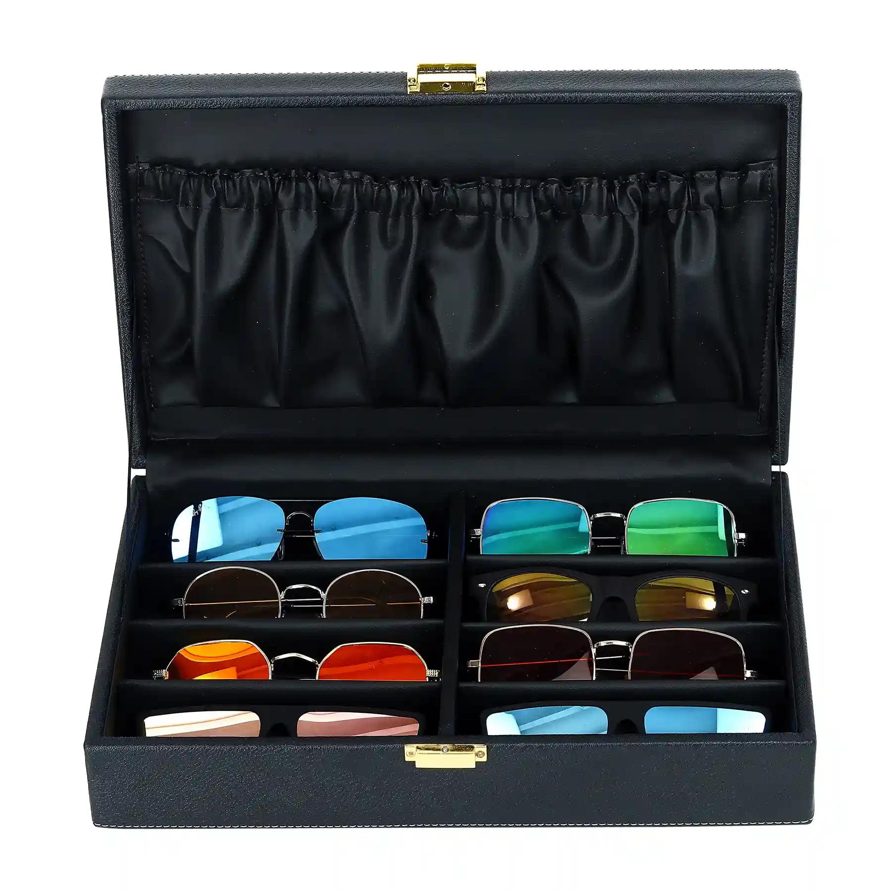 Hard Craft Sunglass Eyewear Goggles Case 8 slots PU Leather Sunglass Box Organizer for Men and Women Sunglass Collection Box - Black