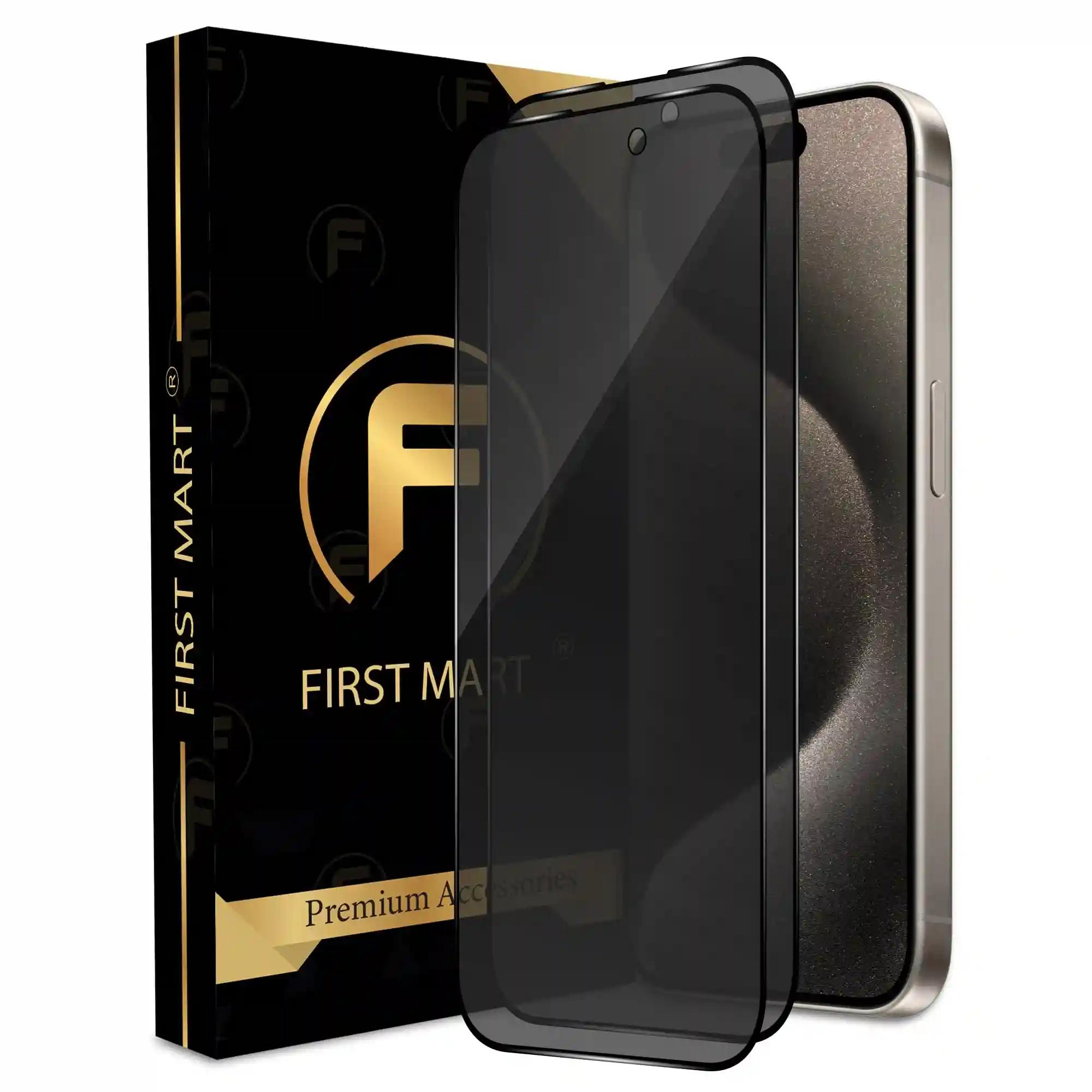 FIRST MART Edge to Edge Privacy Tempered Glass for iPhone 15 Pro Full Screen Coverage with Easy Installation Kit, 2 Pack Black Glossy AntiSpy Glass