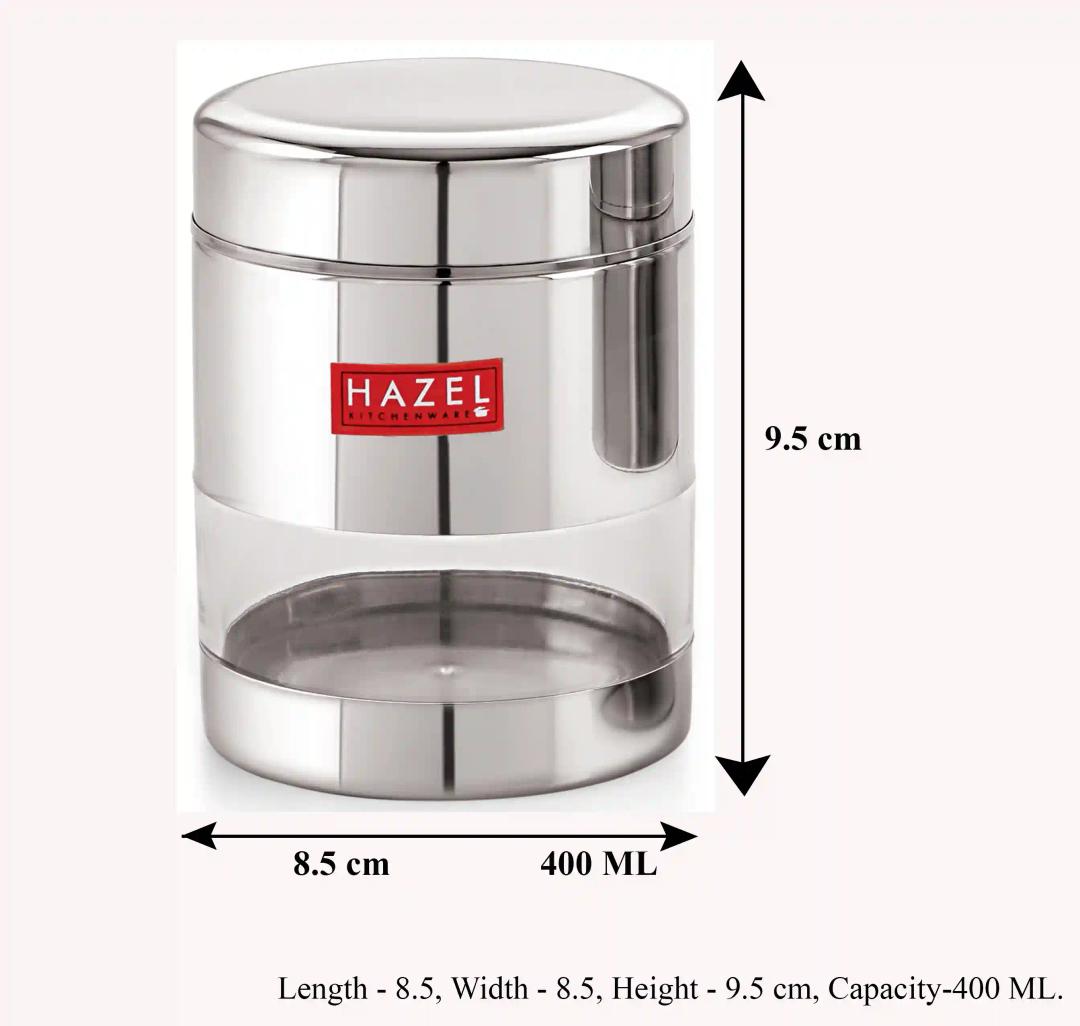 HAZEL Stainless Steel Transparent Glossy See Through Container, Silver, 1Pc, 400 ML