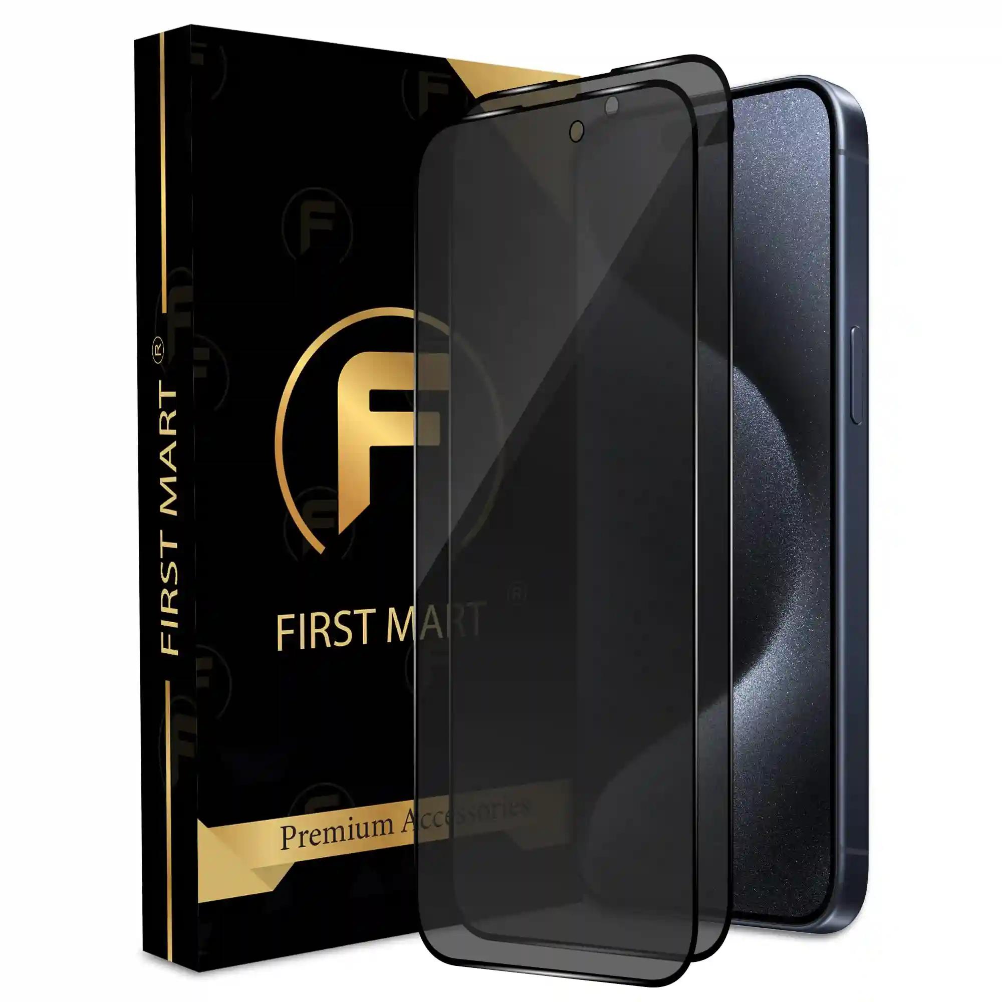 FIRST MART Edge to Edge Privacy Tempered Glass for iPhone 15 Pro Max Full Screen Coverage with Easy Installation Kit, 2 Pack Black Glossy AntiSpy Glass