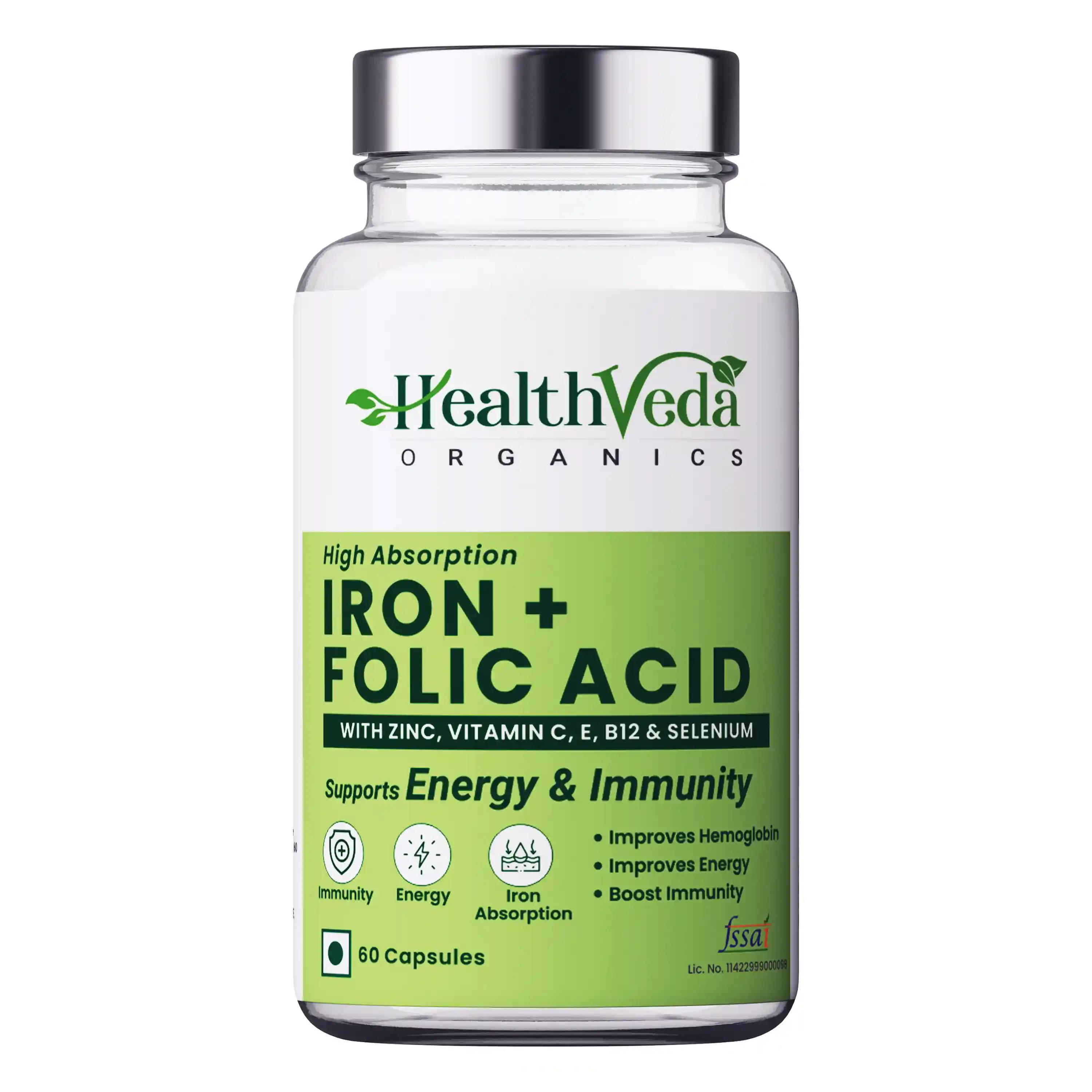 Health Veda Organics Iron + Folic Acid Supplement with Zinc, Vitamin C & Vitamin B12 | 60 Veg Capsules | Supports Blood Building, Immunity and Energy | Enhances Iron Absorption| For Both Men & Women