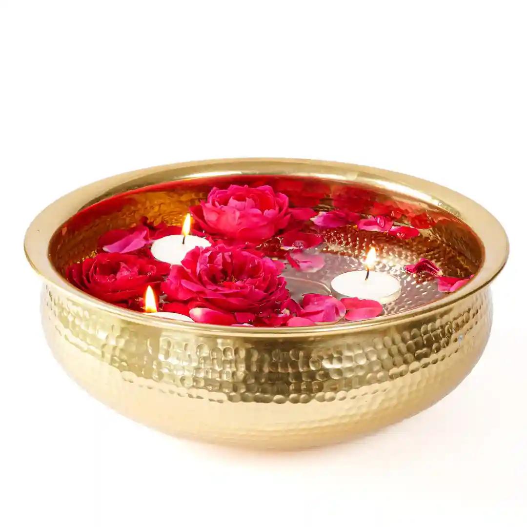 Behoma Decorative Urli Bowl for Home Decor | Aluminium Hammered Round Tray for Living Room Dining Ofice Center Table Decoration Diwali, Festival || Gold/Brass Finish 1 PC