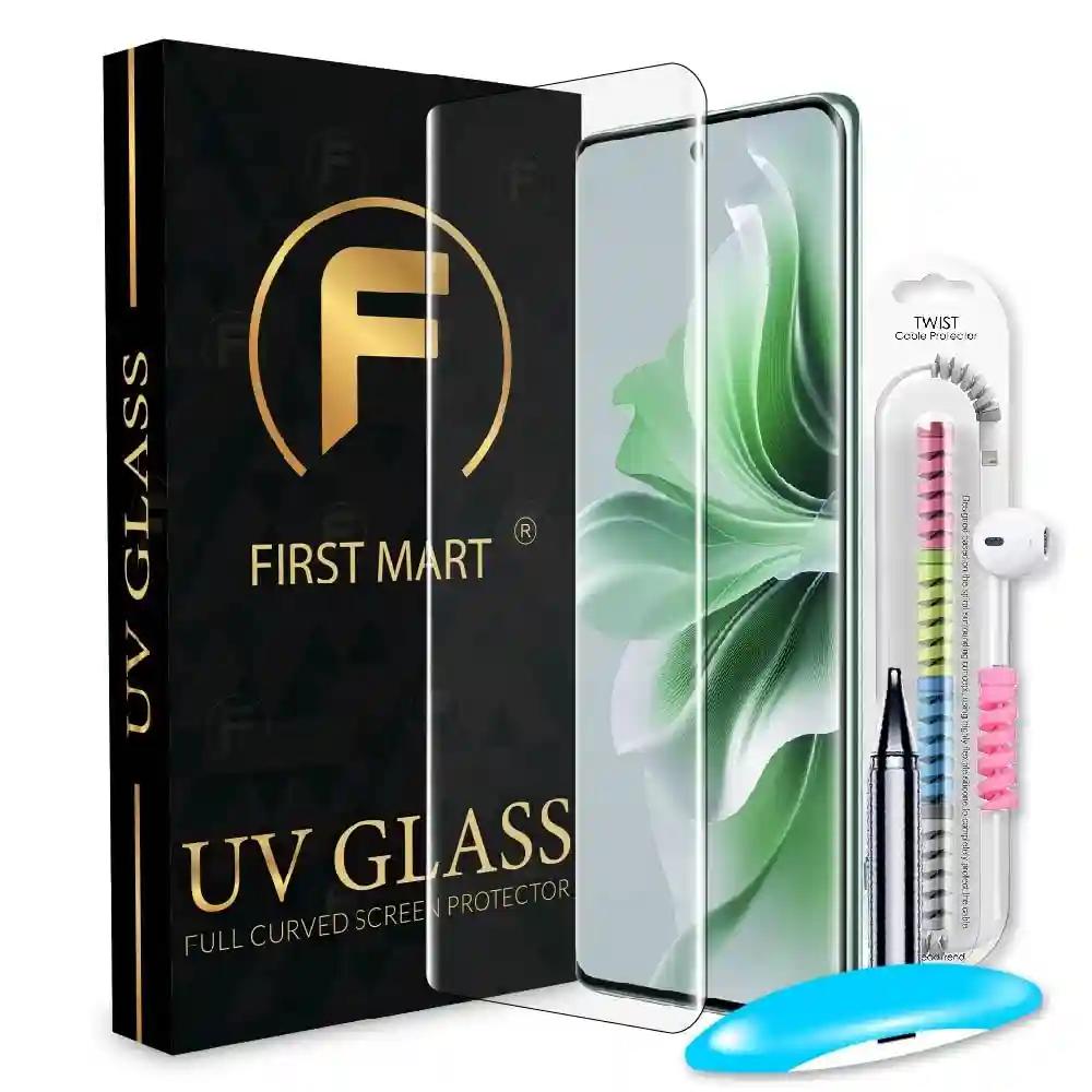 FIRST MART Tempered Glass for Oppo Reno 11 5G / Oppo Reno 11 Pro 5G with Edge to Edge Full Screen Coverage and Easy UV Glue Installation Kit and Cable Protector, Pack of 1