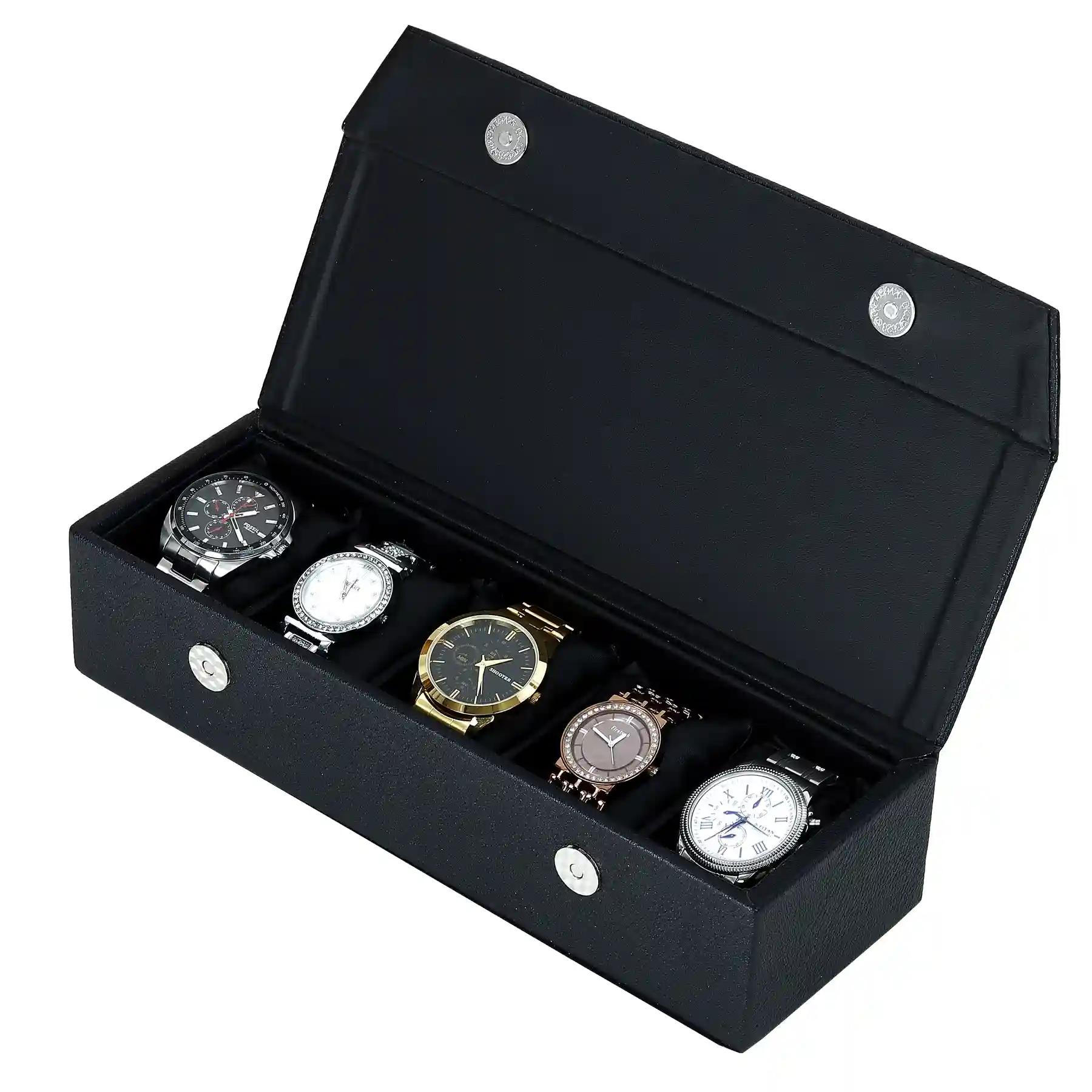 Watch Box Organizer Holder Jewelry Accessories Display Storage Case Watch Organiser Collection Box 5 Slots In PU Leather For Men Women Black Color