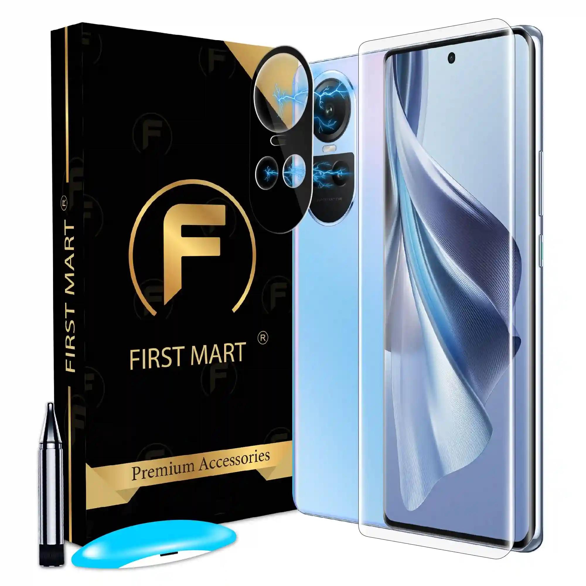 FIRST MART Tempered Glass and Camera Lens for Oppo Reno 10 5G with Edge to Edge Full Screen Coverage and Easy UV Glue Installation Kit