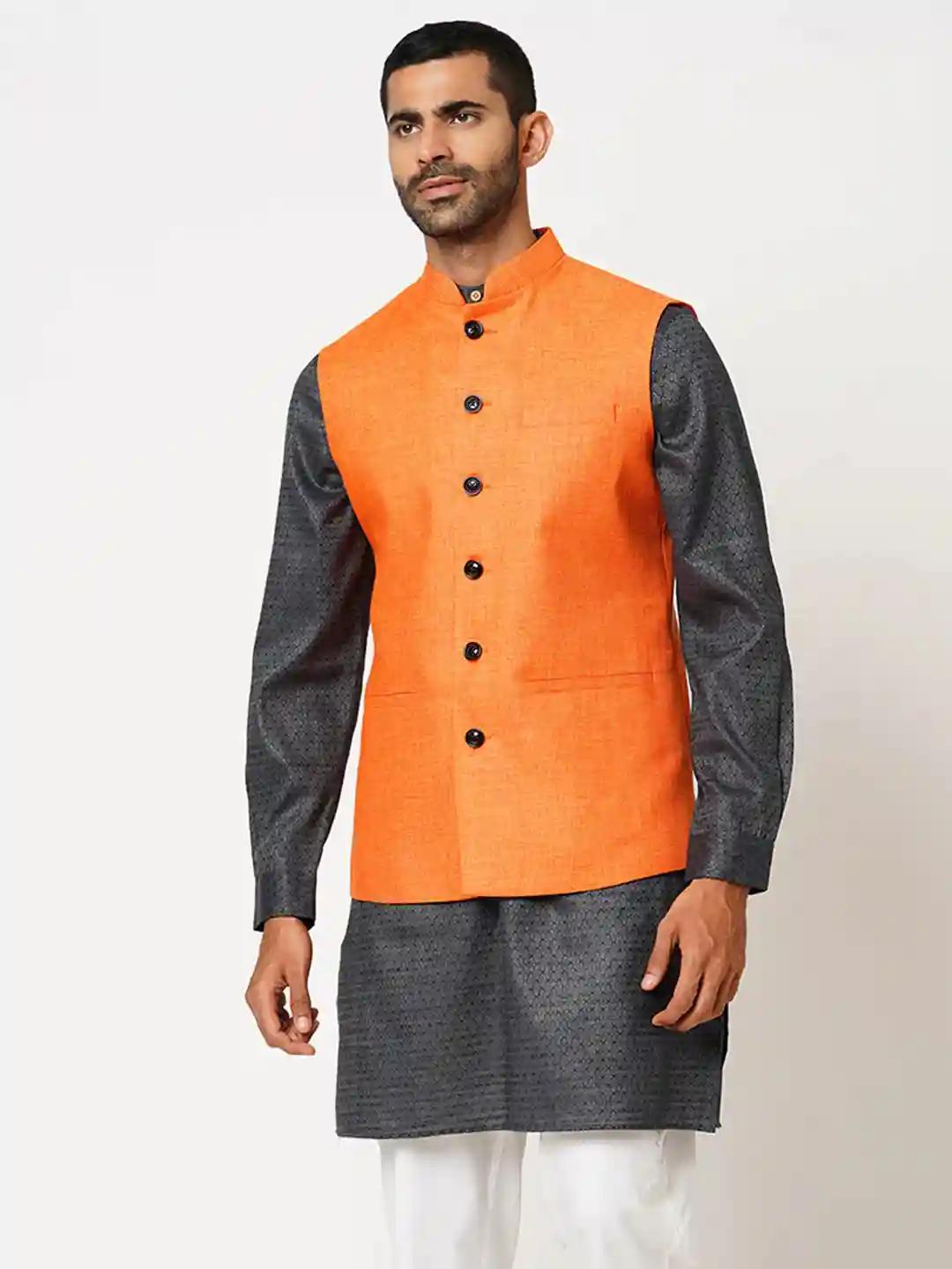 Indivisual Men's Basket Weave Orange Slice Nehru Jacket - S(Dark Orange)