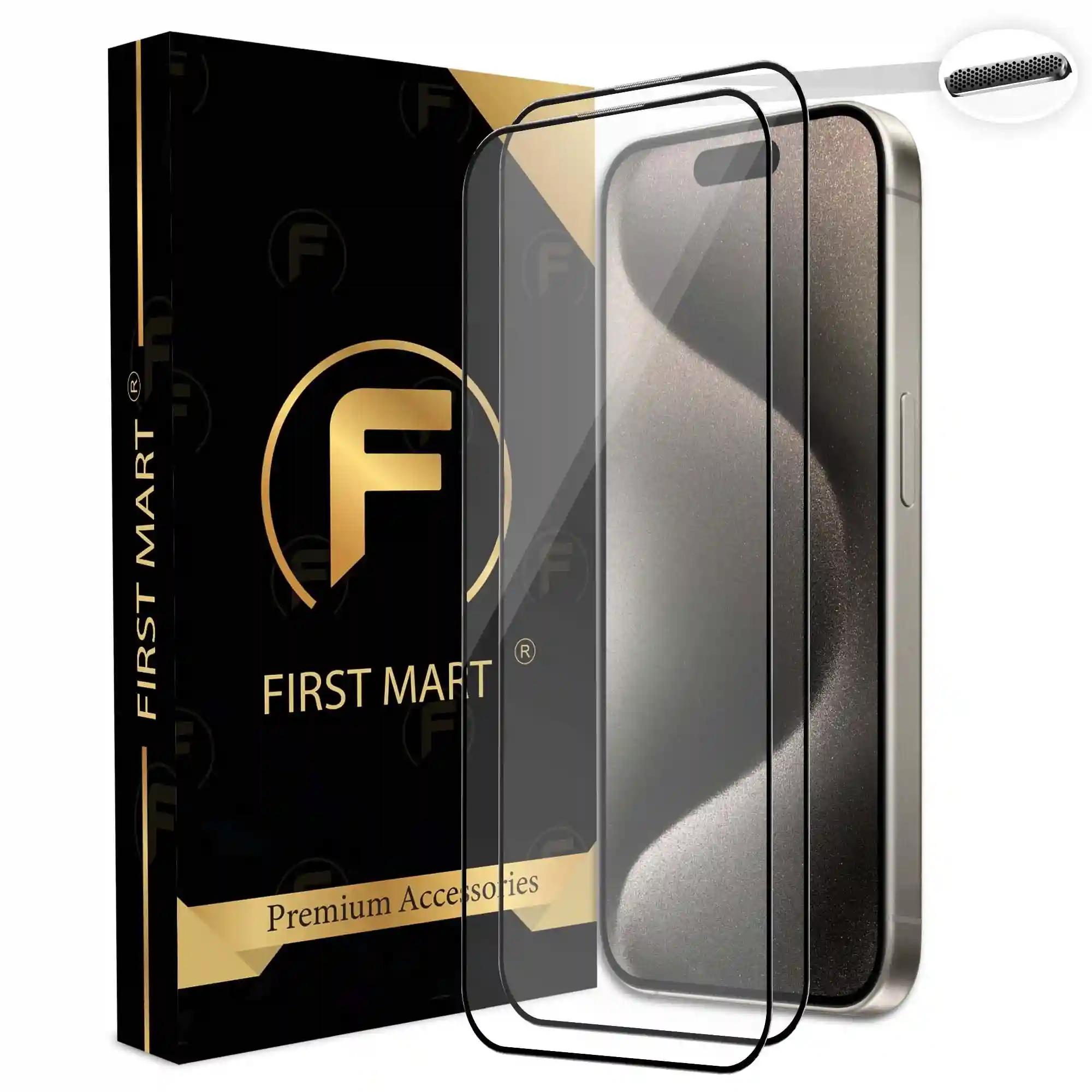 FIRST MART Premium Tempered Glass for iPhone 15 Pro Edge to Edge Screen Coverage and Speaker Mesh Dust Filter, Easy Installation Kit, Pack of 2, Black