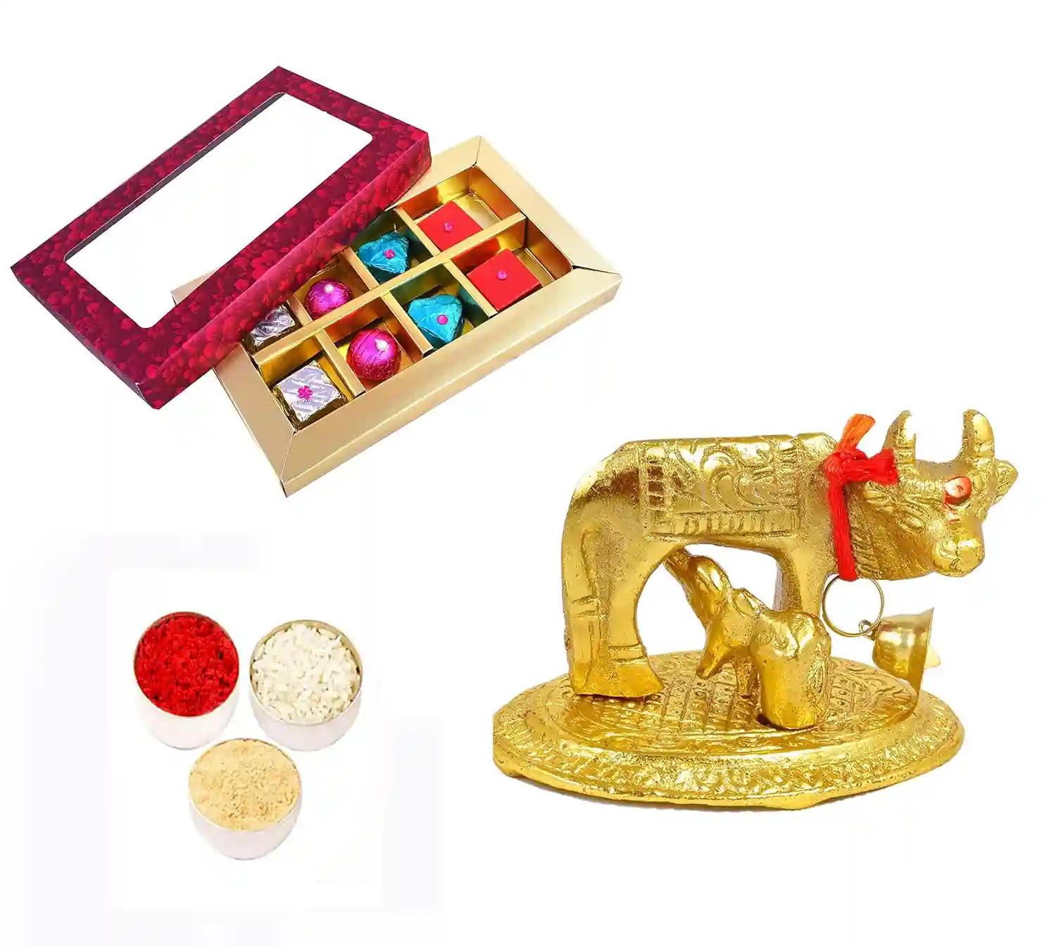 Bhaiya dooj tikka with chocolate/bhaiya dooj gift for brother/bhaiya dooj tkka/bhaiya dooj roli chawal/bhai dooj tikka-Chocolate box+roli chawal chandan+cow and calf decorative showpiece