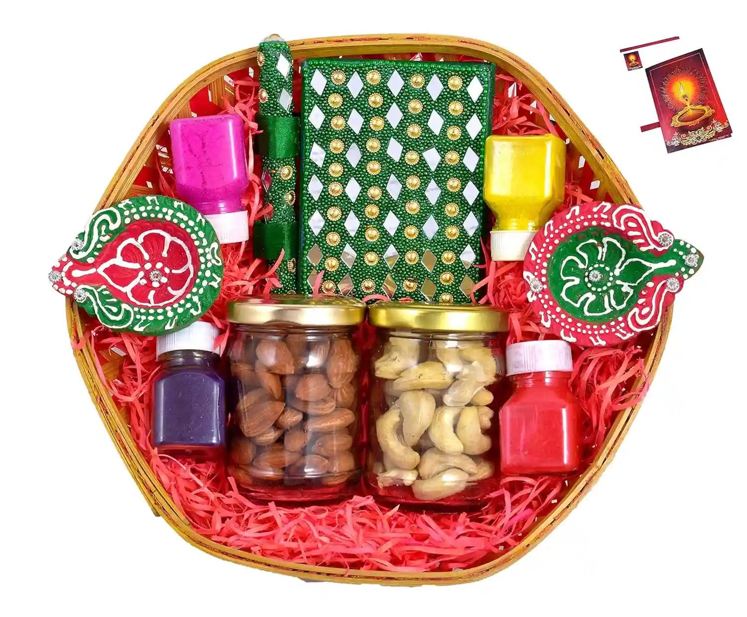 Diwali dry fruits tray/Diwali dry fruits gift pack/Diwali Dry fruits gift pack-Decorated basket+2 Jars(60 gms of Almond+60 gms of cashew)+2 earthern diya+Handmade diary+4 Rangoli Colours+Diwali Card