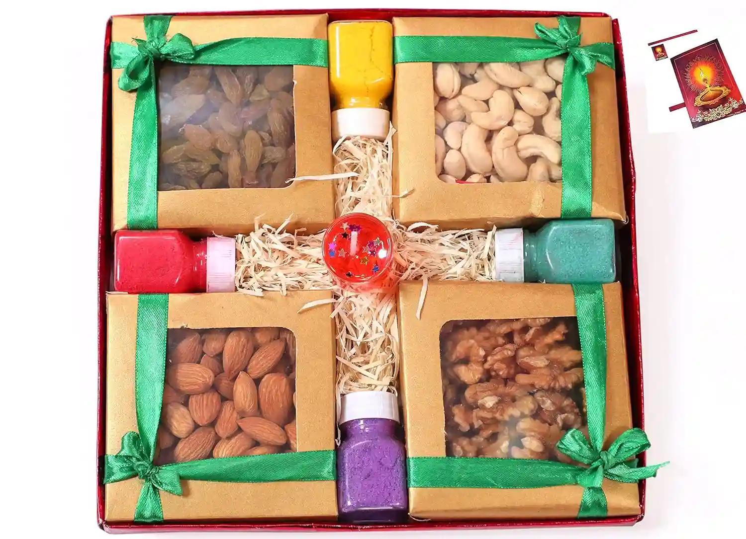 Diwali dry fruits gift pack/Diwali dry fruit gift box for employees/corporates-50gms almonds+50gms cashew+50gms walnuts+50 gms raisins+gel filled glass candle+rangoli colours+Diwali Greeting card