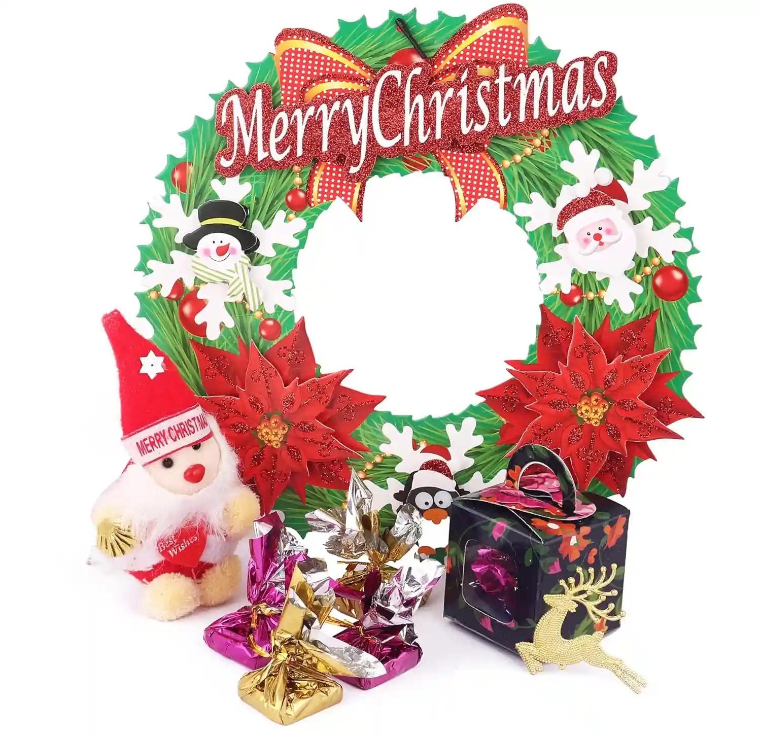 Christmas decoration items/christmas tree decoration/christmas gifts/christmas gift hamper/Christmas hamper-Wreath for front door+Chocolate box+Soft toy+Christmas greeting card