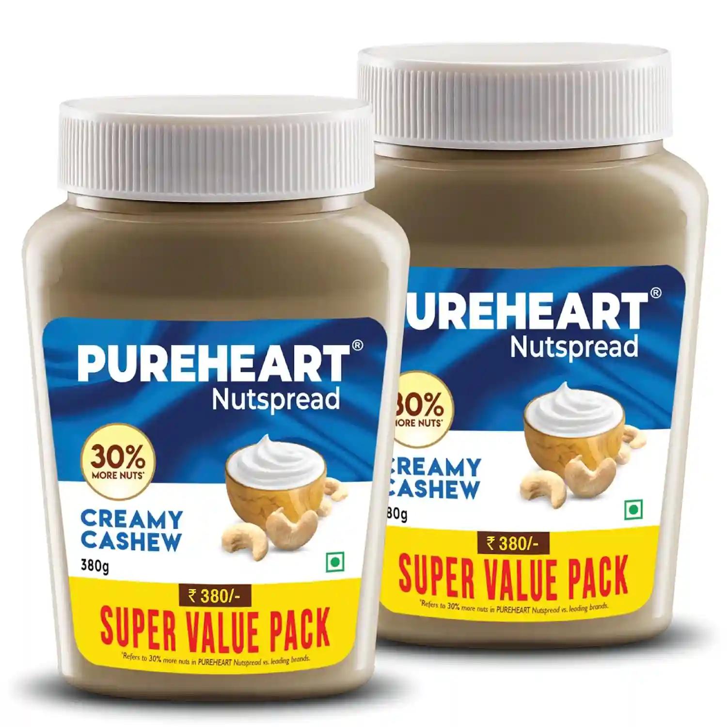 PUREHEART Nut Spread Creamy Cashew (380 gm, Pack of 2) Nutty Spread for Breakfast, Delicious, Smooth & Creamy Snack