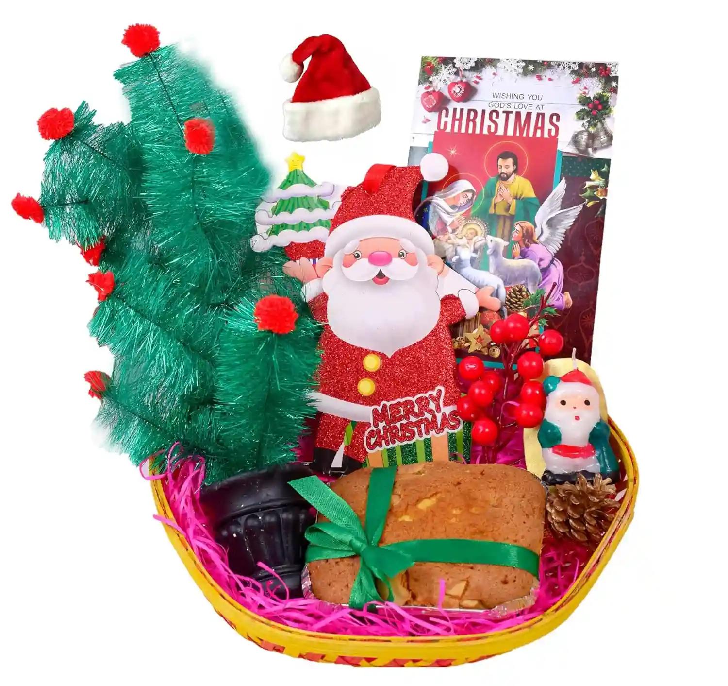 Christmas Cake Gifts/Christmas Plum Cake/Christmas Gifts/Christmas Gift Hamper-Decorated Basket+200gms veg Cake+Christmas Tree+Santa Claus Candle+Bunch of Decorative Chery+Pine Cone+Christmas hangings