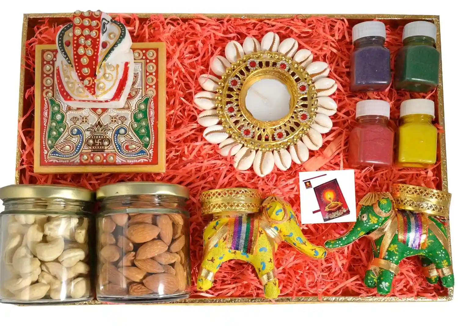 MANTOUSS diwali gifts/diwali gift hamper/diwali dry fruits gift box-decorated rectangular tray+jar of almond and cashew(100gms each)+Chowki ganesh+pair of hathi candle+kodi candle holder+Diwali card