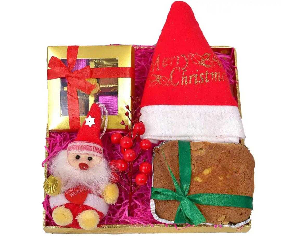 Christmas Gift for Kids/Christmas Gift Box/Christmas Gift Set/Christmas cake-150gms Cake+A Box of chocolote+Santa Claus Soft Toy+A Bunch of Cherry for Decor+Santa Claus Themed Cap+Christmas Card