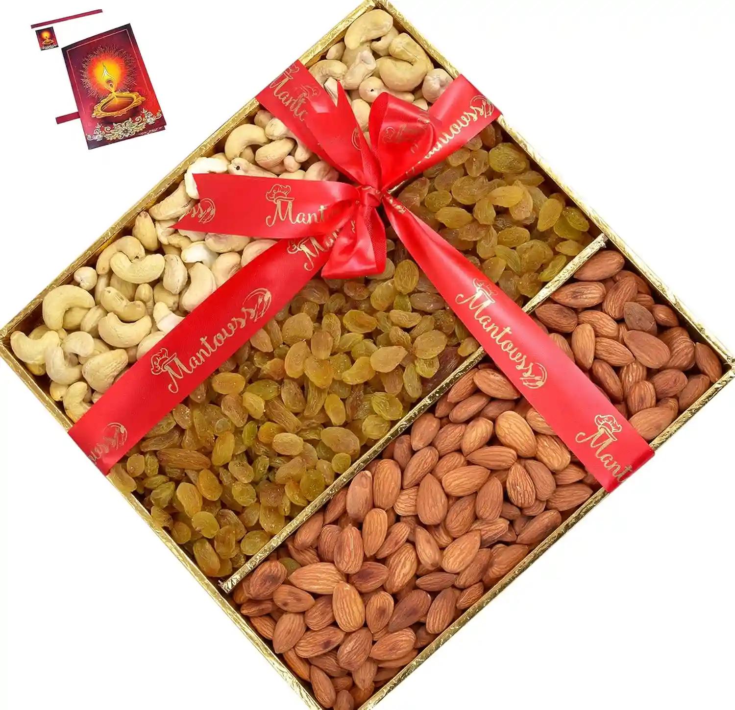 Diwali dry fruits tray/diwali dry fruits gift box/diwali dry fruits gift hamper/Diwali gift hamper-Decorated tray+200 gms of cashew+200 gms of almonds+200gms of raisins+Diwali greeting card