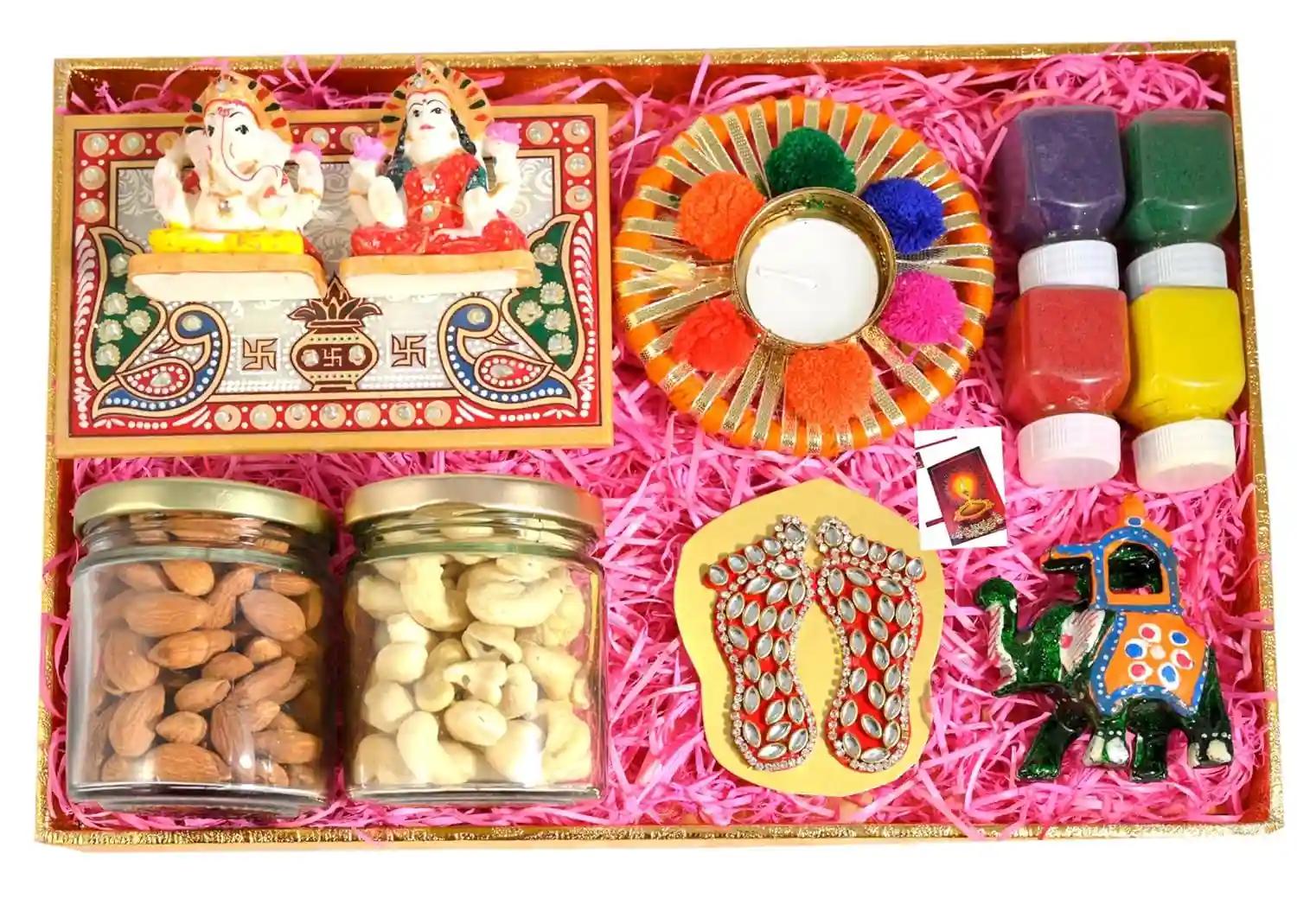 MANTOUSS diwali dry fruits nut and seed box/diwali gift for employees/diwali gifts-decorated rectangular tray+Chowki Lakshmi ganesh+jar of almond and cashew(100gms each)+kodi candle holder+colours