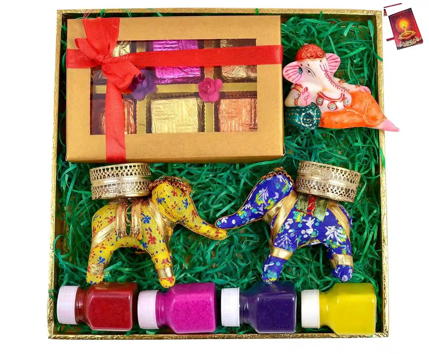 Diwali gifts for friends and family/Diwali gift items/Diwali gift hamper-Decorated tray+Handcrafted chocolate box+Pair of Elephant Shape Candle Holder+Rangoli Colours+Showpiece figurine+Greeting Card