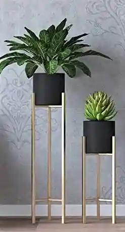 AMASS HANDICRAFTS® Modern Metal Floor Flower Stands Planter for Living Room Bedroom Display Plant Stand Tall Indoor Plant Stand with Planter Pot - Set of 2 (Black)