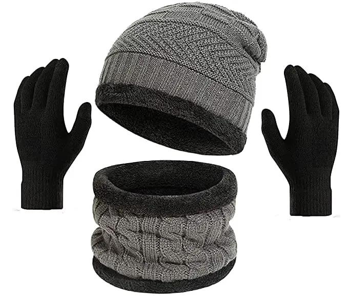 YOUTH ROBE - Premium Brand Knitted Winter Cap & Neck Scarf with fleece,Unisex Beanie Cap with Neck Warmer for Women,Thermal Cap, Fluffy Woolen Cap Set Of cap and gloves (Grey)