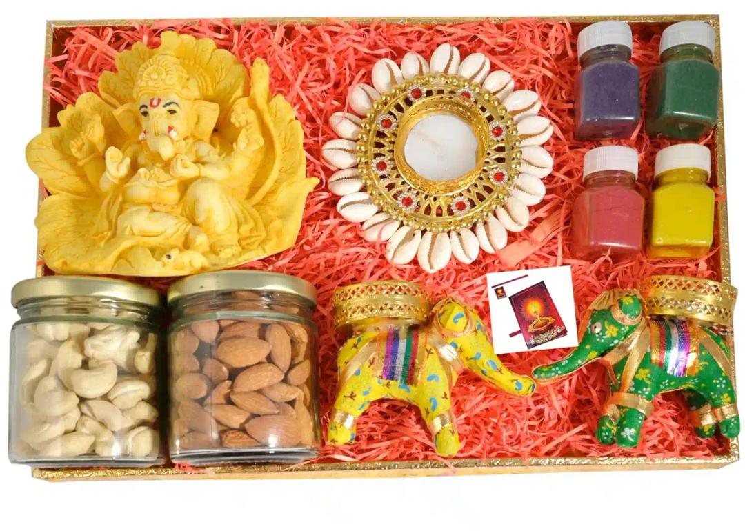 MANTOUSS diwali gift hamper/diwali gifts for family and friends/diwali gifts-decorated rectangular tray+Patta ganesha murti+jar of almond and cashew(100gms each)+kodi candle holder+colours+card