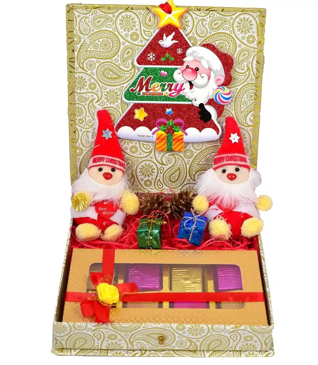 Christmas Gift for Employees/Christmas Gifts-Decorated Box+Handcrafted Chocolate+2 Santa Claus Soft Toy+2 Pine Cone+2 Gift(Christmas Tree Decoration Items)+Christmas hangings Decorations+Card