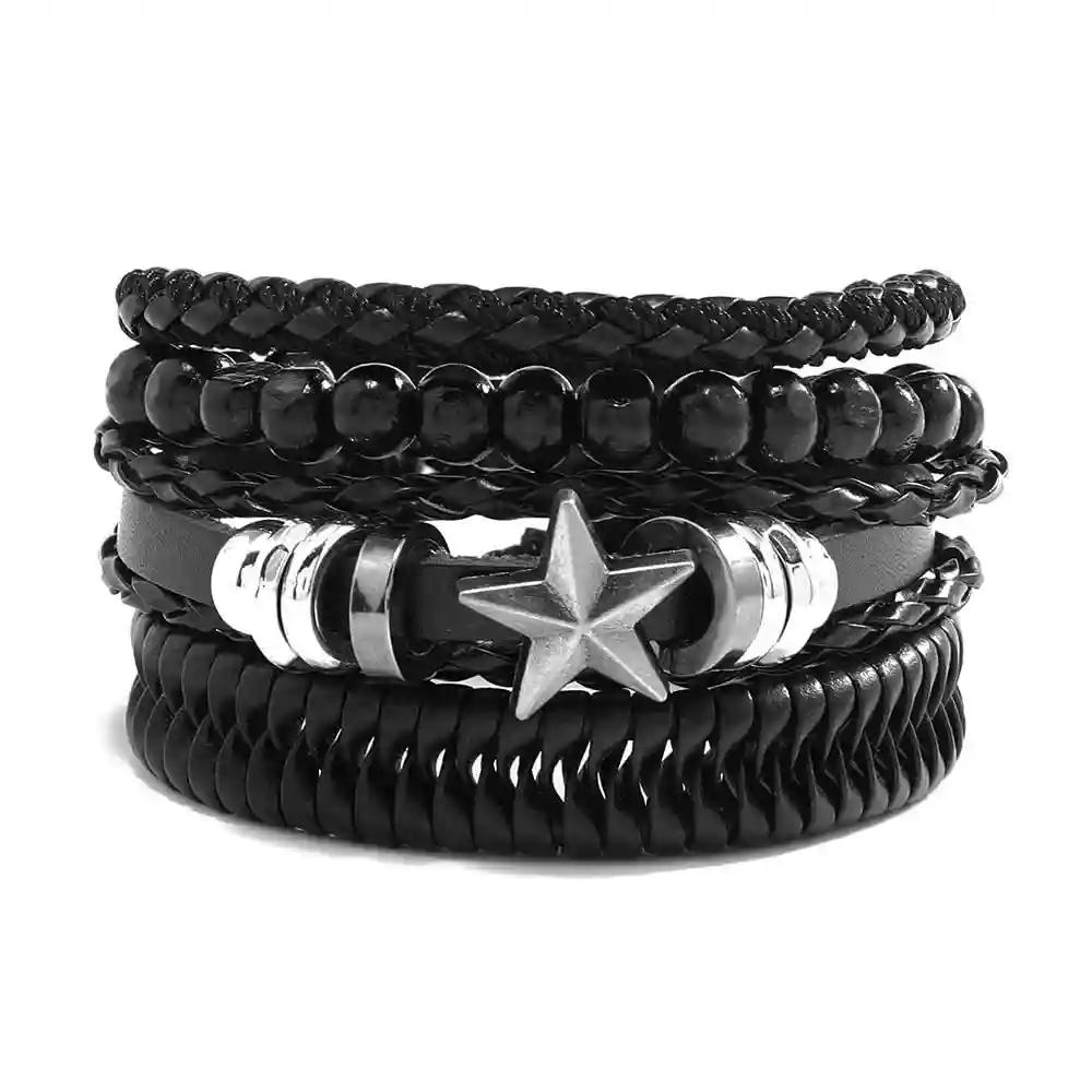 Black Men's Bracelet with Metal Star Design