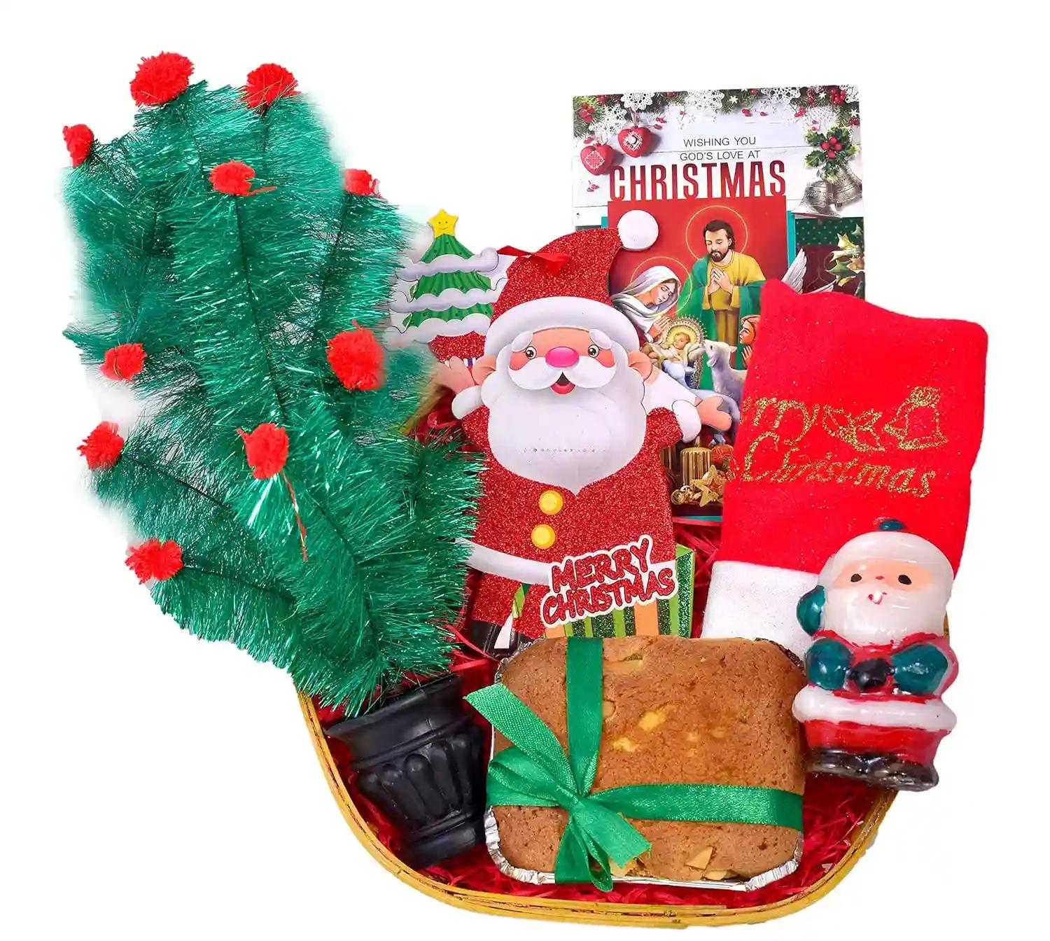 Christmas Cake Gift Hamper/Christmas Gifts/Christmas Gift for Kids-Decorated Basket+150gms Cake+Christmas Tree+Christmas Decorative hangings+Santa Claus Cap+Santa Claus Candle+Christmas greeting Card