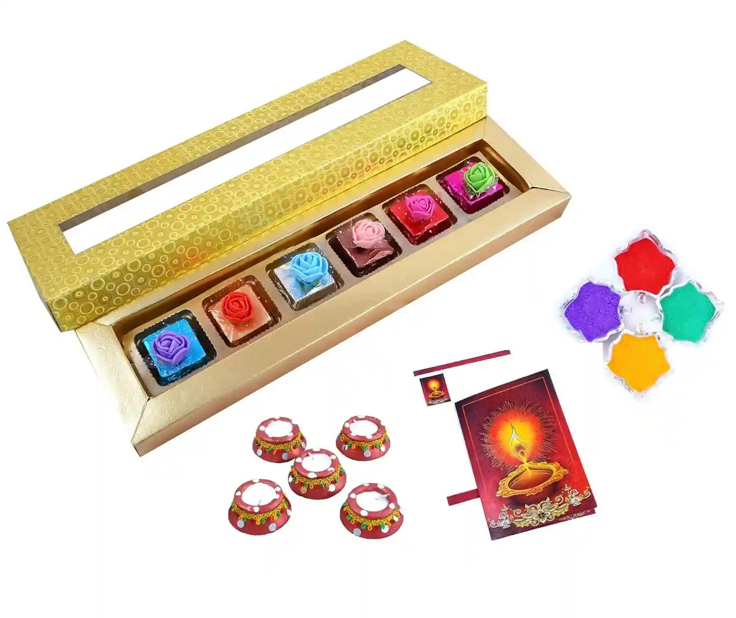 MANTOUSS Deepawali Luxury Chocolate Hamper (Golden) + 2 Matki Wax Filled Diya, Diwali Greeting Card and Rangoli Colours