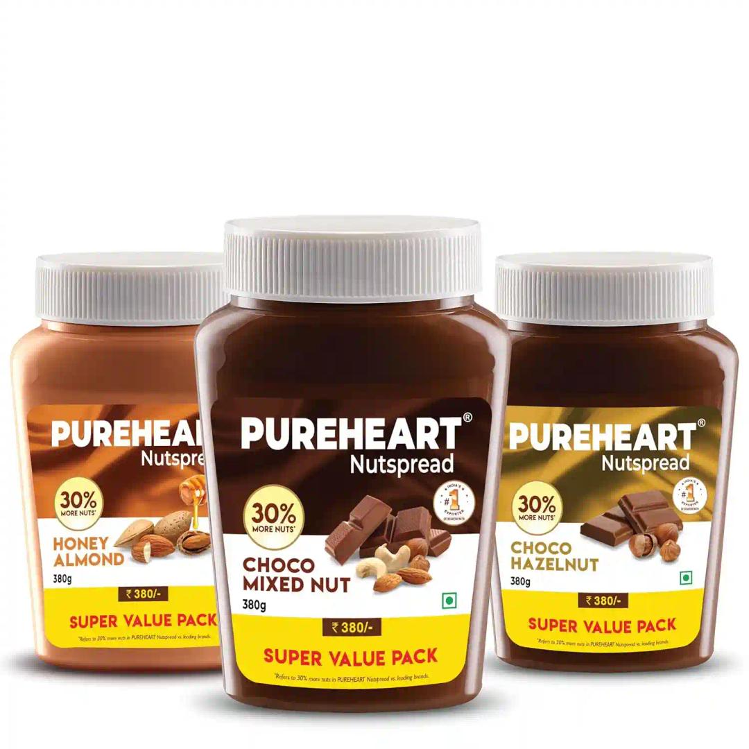 PUREHEART Nut Spread Combo of Honey Almond (380 gm) Choco Hazelnut (380 gm) and Choco Mixed Nut (380 gm) Creamy and Nutty Chocolate Spread for Breakfast