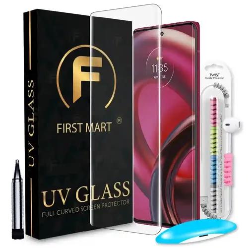 FIRST MART Tempered Glass for Motorola Edge 30 Fusion with Edge to Edge Full Screen Coverage and Easy UV Glue Installation Kit and Cable Protector, Pack of 1