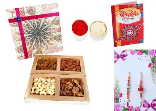 Mantouss Rakhi For Brother With Gift/Rakhi With Dry Fruit Gift,Greeting Card And Roli Chawal