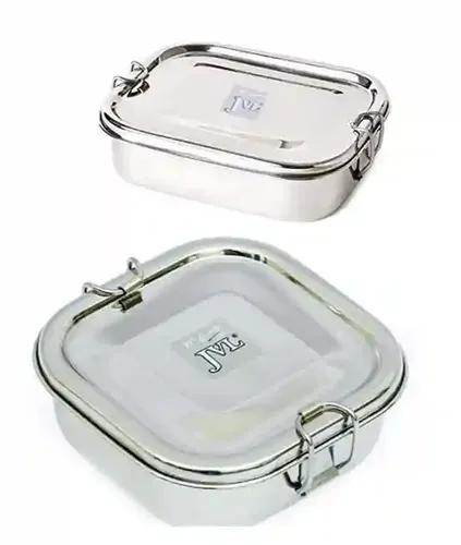 Jvl Stainless Steel Rectangular Not Leak Proof Lunch Box With Inner Plate & Small Square Shape Single Layer Lunch Box With Inner Plate - Set Of 2