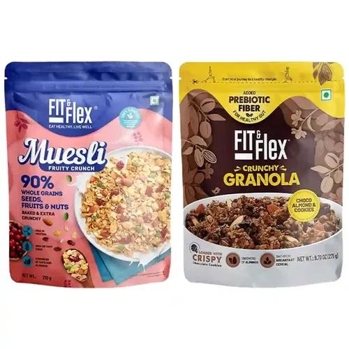 FIT & FLEX Baked Crunchy Choco Almond Cookie Granola (275 g) And Fruity Crunch Muesli (210 g) - As Seen on Shark Tank India - 485 g (Breakfast Combo Pack of 2)