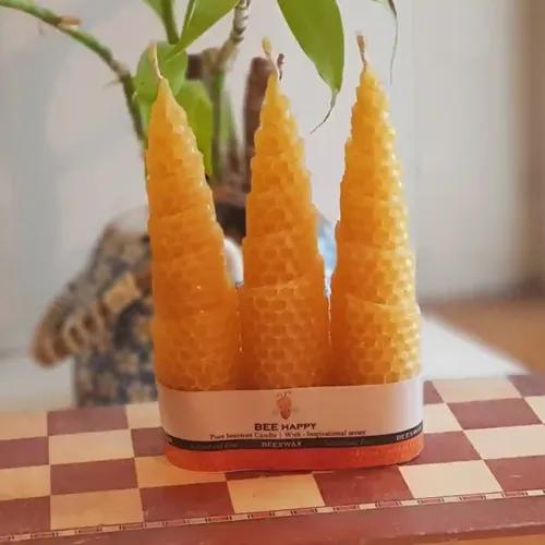 Bee Happy Pure Beeswax Hand Rolled Tree Candle (Pack of 3)