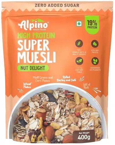 Alpino Health Foods Super Muesli Nut Delight - 69% Whole Grain, 20% Dried Fruits & Nuts - Finest Nuts & Raisins, No Sugar Infused Fruits - High in Protein, Source of Fiber - Breakfast Cereal (400 G)