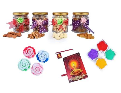 MANTOUSS Exclusive Diwali Dry Fruit Decorative Glass Jar-Cashew,Almond,Walnut and Raisin (100gms Each),400 GMS + 2 Floating Diya, Diwali Greeting Card and Rangoli Colours