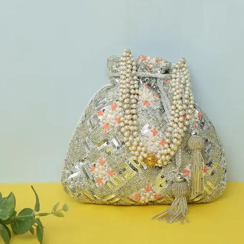 Evening Heavy Embroidery Potli Bag For Women - Silver