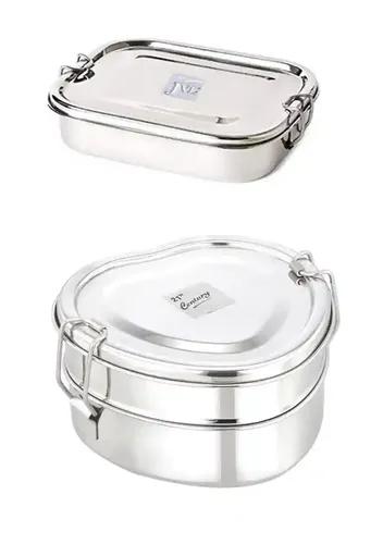 Jvl Stainless Steel Rectangular & Heart Shape Single & Double Layer Not Leak Proof Lunch Box With Inner Plate - Set Of 2