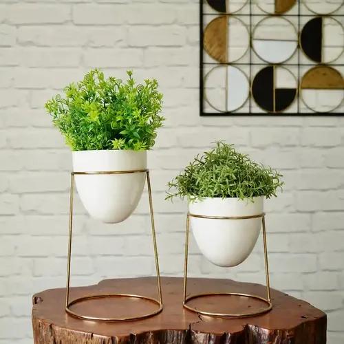 Behoma White Metal Planter with Round Gold Stand for Home Decoration | Planters for Living Room Bedroom Office Interiors | Set of 2 (Plants not Included)