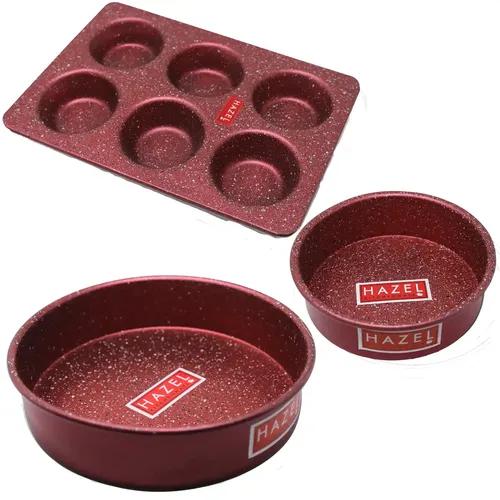 HAZEL Alfa Aluminium Granite Finish Non Stick Microwave Safe Heavy Gauge 3 Pc Mould Combo - Large Cake Mould with Small Mould & Muffin Mould, Red