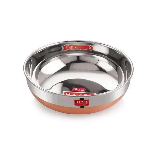 HAZEL Stainless Steel Kadai Without Handle | Copper Bottom Kadai, 1000 ml with I Premium Stainless Steel Vessels Tasra Kadai, Silver and Copper