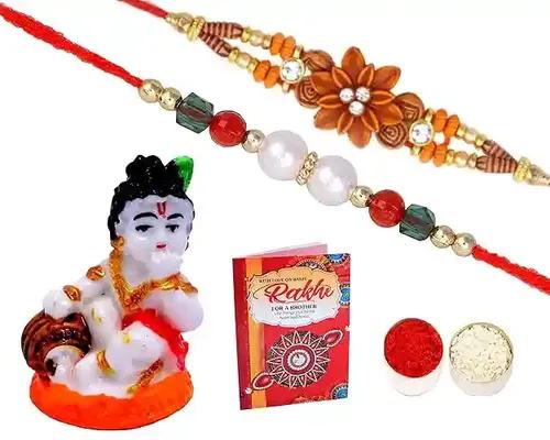 Rakhi For Brother And Bhabi /Rakhi For Brother Combo/Set Of 2 Rakhi For Brother With Gift-Floral/Flower Rakhi+Beads Rakhi+Showpiece Figurine +Roli, Chawal+Rakshabandhan Greeting Card