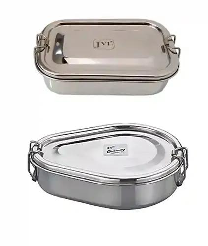 Jvl Stainless Steel Rectangular Single Layer Lunch Box With Inner Plate & Big Drop Lunch Box Not Leak Proof - Pack Of 2