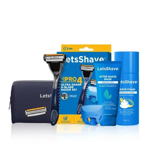 LetsShave Pro 4 Grooming & Shaving Kit For Men - 4 Blade Shaving Razors For Men, Shaving Foam, After Shave Balm, Shaving Bag For Travel & Razor Cap