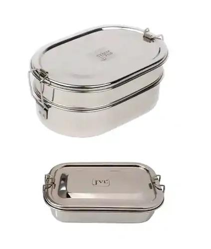 Jvl Stainless Steel Rectangular Not Leak Proof Lunch Box With Inner Plate & Double Layer Combo Lunch Box With Inner Plate - Set Of 2