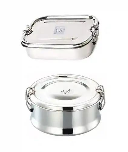 Jvl Stainless Steel Rectangular & Round Shape Single Layer Combo Lunch Box With Inner Plate Small - Set Of 2