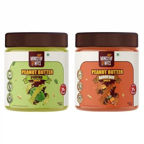 MINISTRY OF NUTS Peanut Butter Pudina Smooth 200G & Barbeque Smooth Peanut Butter 200G Total 400G - Pack Of 2