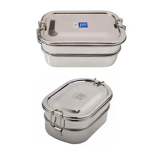 Jvl Stainless Steel Rectangular & Kar Shape Double Layer Lunch Box With Inner Plate - Set Of 2