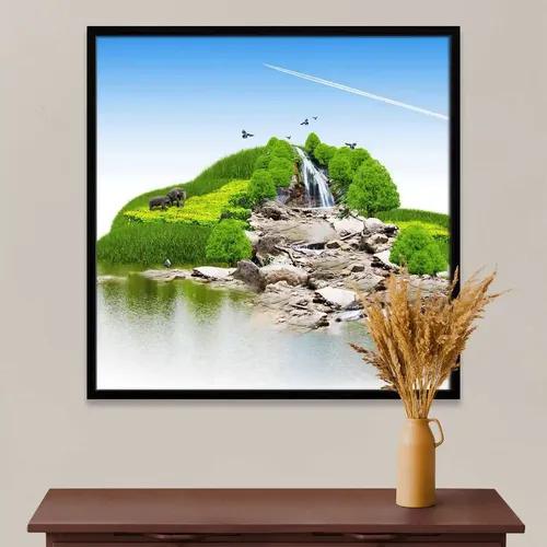 ArtzFolio Island With Vegetation & A Waterfall | Premium Canvas Painting for Bedroom & Living Room | Black Wood Frame | 24 x 24 inch (61 x 61 cms)